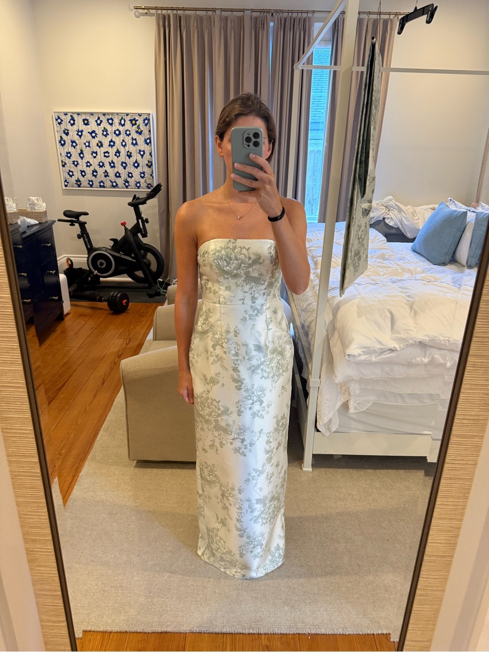 ALFRED SUNG Strapless Ivory Gown with Sage Floral Jacquard